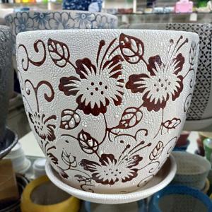 White & Brown Flowering Ceramic Pot