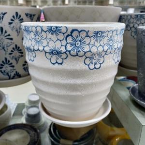 White & Blue Flowering Striped Ceramic Pot