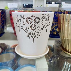 White & Brown Flower Design Pot (Long)